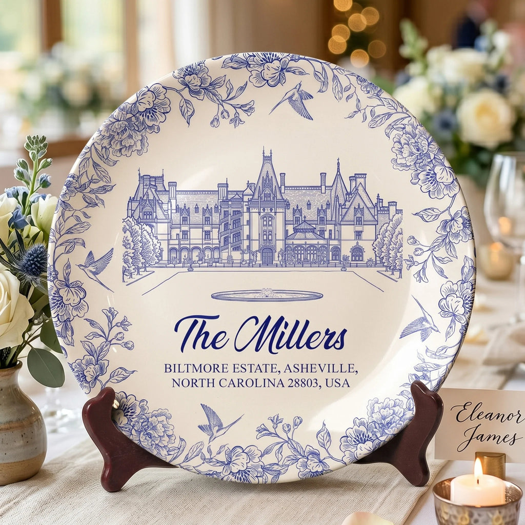 Custom Wedding Venue Photo, Toile Illustrated Venue Decor - Wedding Gifts For Couples - Personalized Ceramic Plate