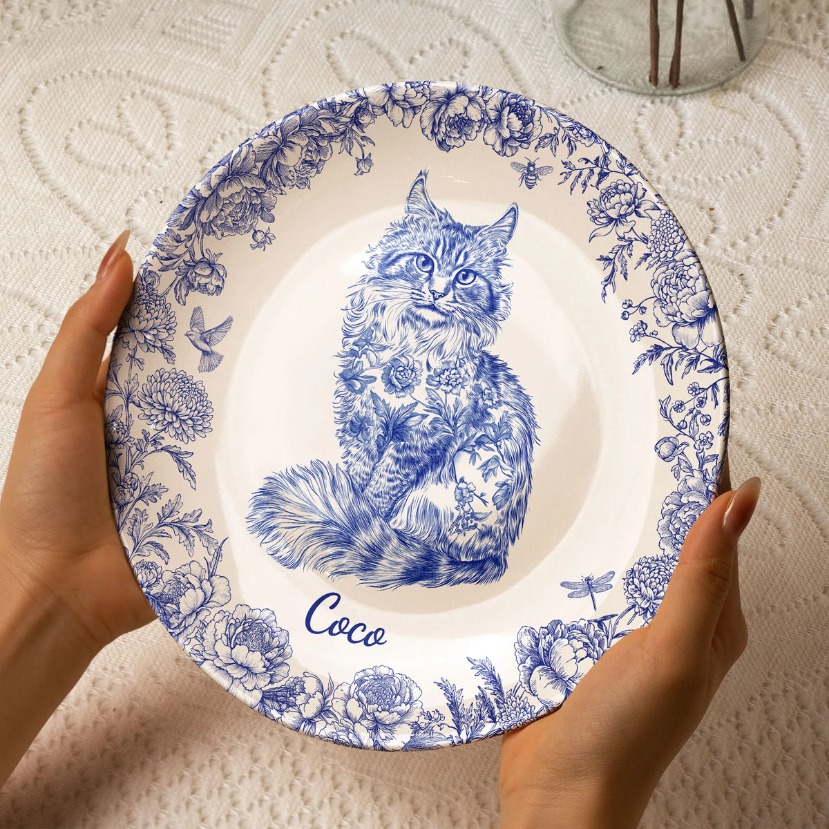Cat Lover Chinoiserie Toile De Jouy Style - Personalized Ceramic Plate