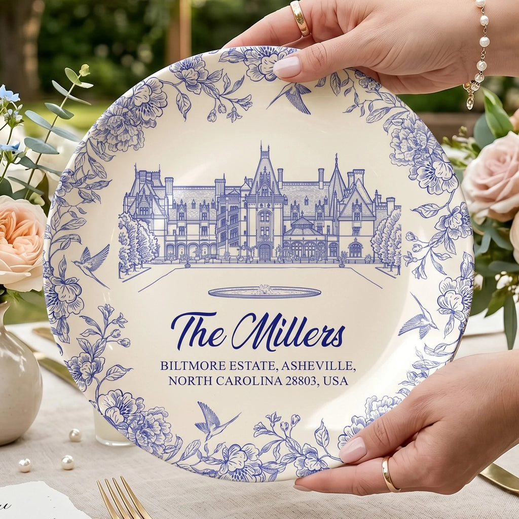 Custom Wedding Venue Photo, Toile Illustrated Venue Decor - Wedding Gifts For Couples - Personalized Ceramic Plate