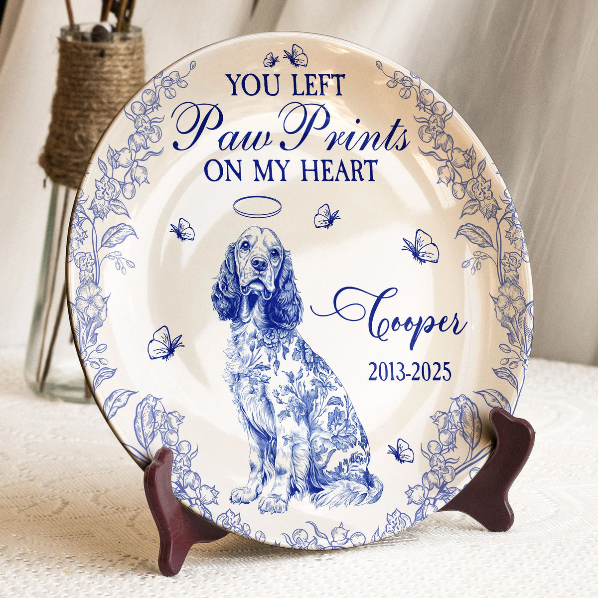 Dog Memorial Gift You Left Paw Prints Toile De Jouy - Personalized Ceramic Plate