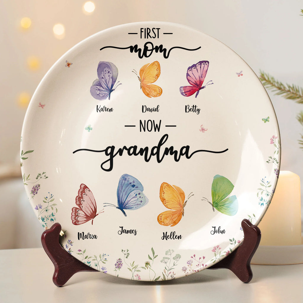 First Mom Now Grandma - Butterfly Version - Personalized Ceramic Plate