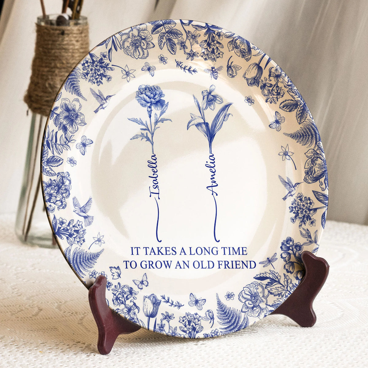 It Takes A Long Time To Grow An Old Friend - Custom Birth Flower Toile De Jouy - Personalized Ceramic Plate