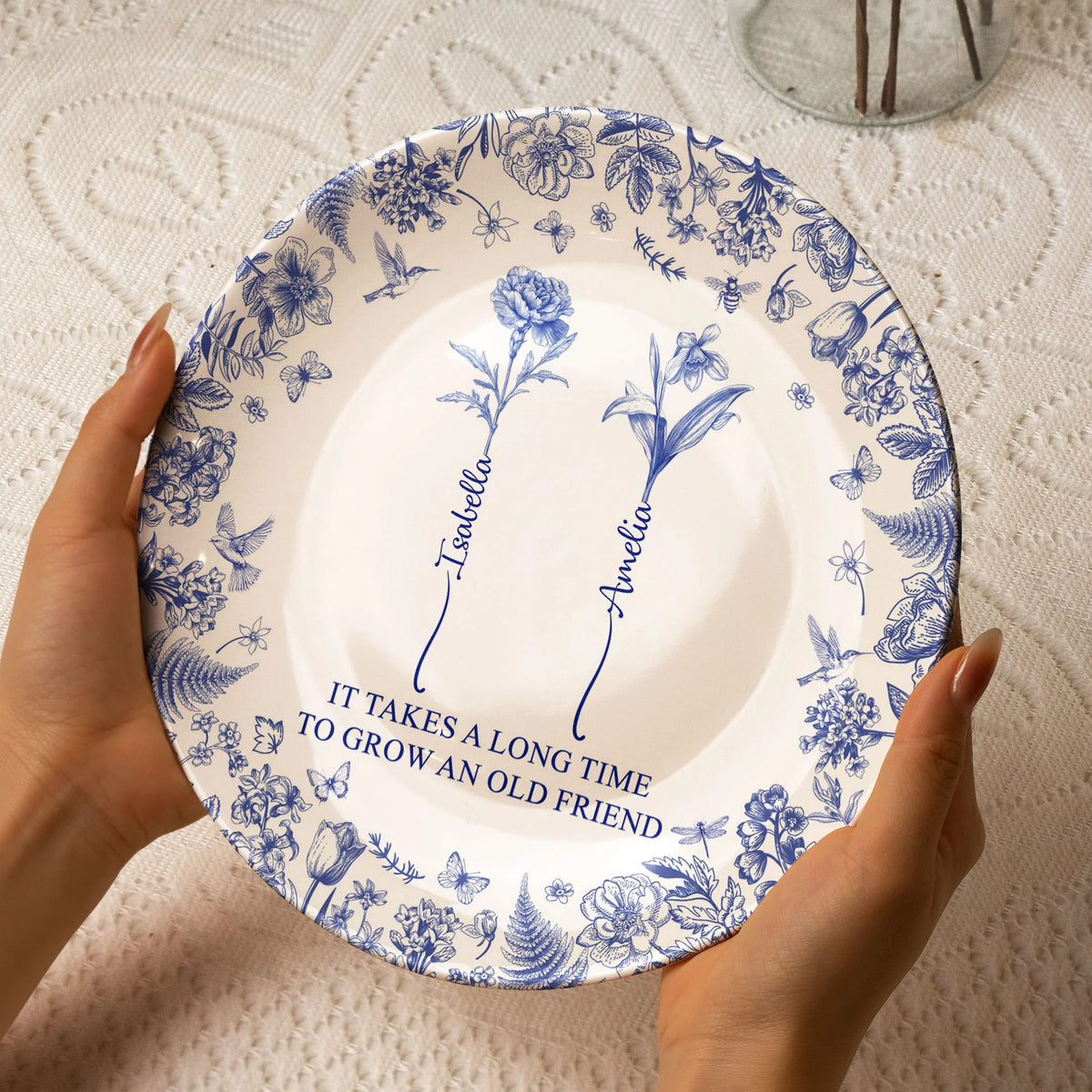 It Takes A Long Time To Grow An Old Friend - Custom Birth Flower Toile De Jouy - Personalized Ceramic Plate