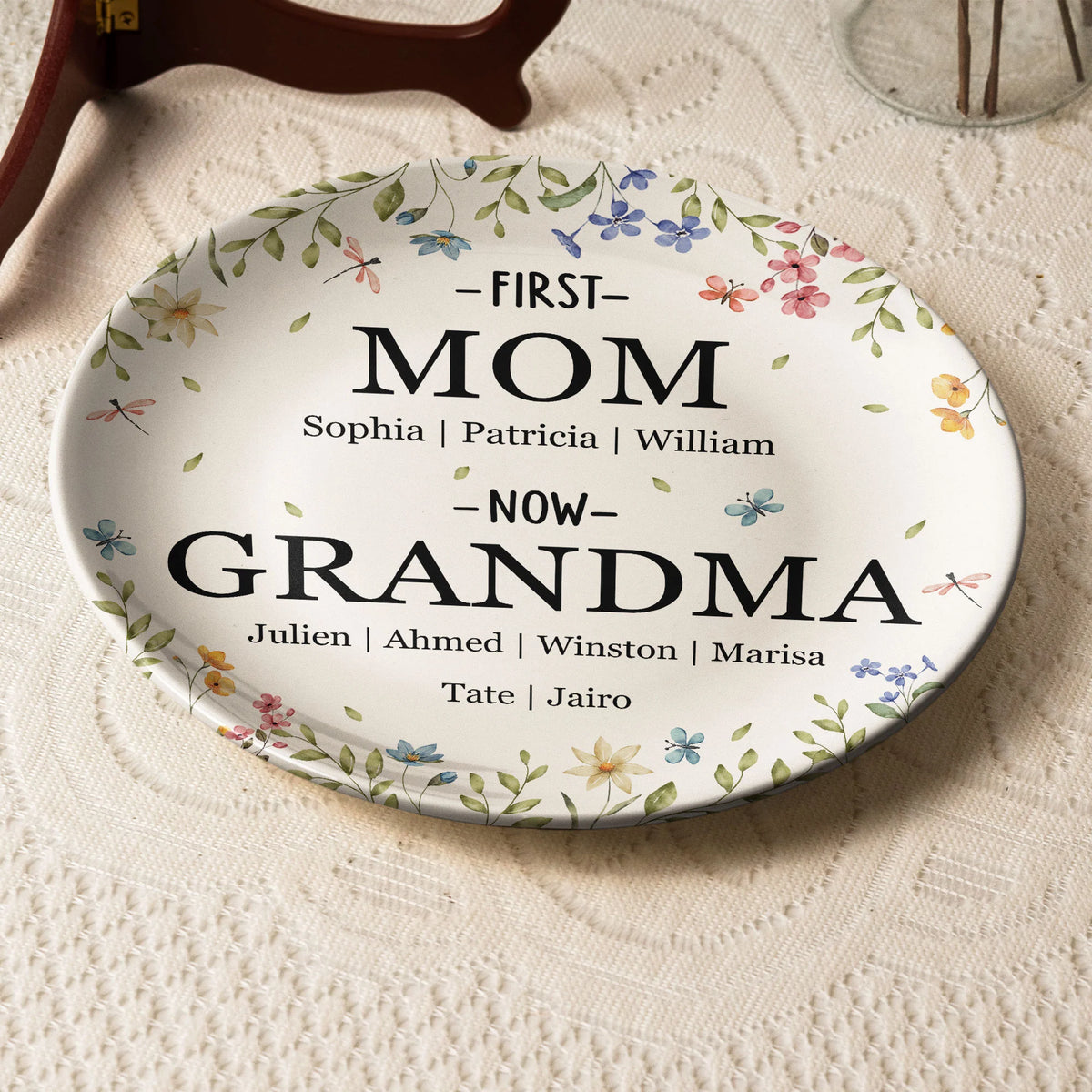 Custom Name First Mom Now Grandma - Personalized Ceramic Plate